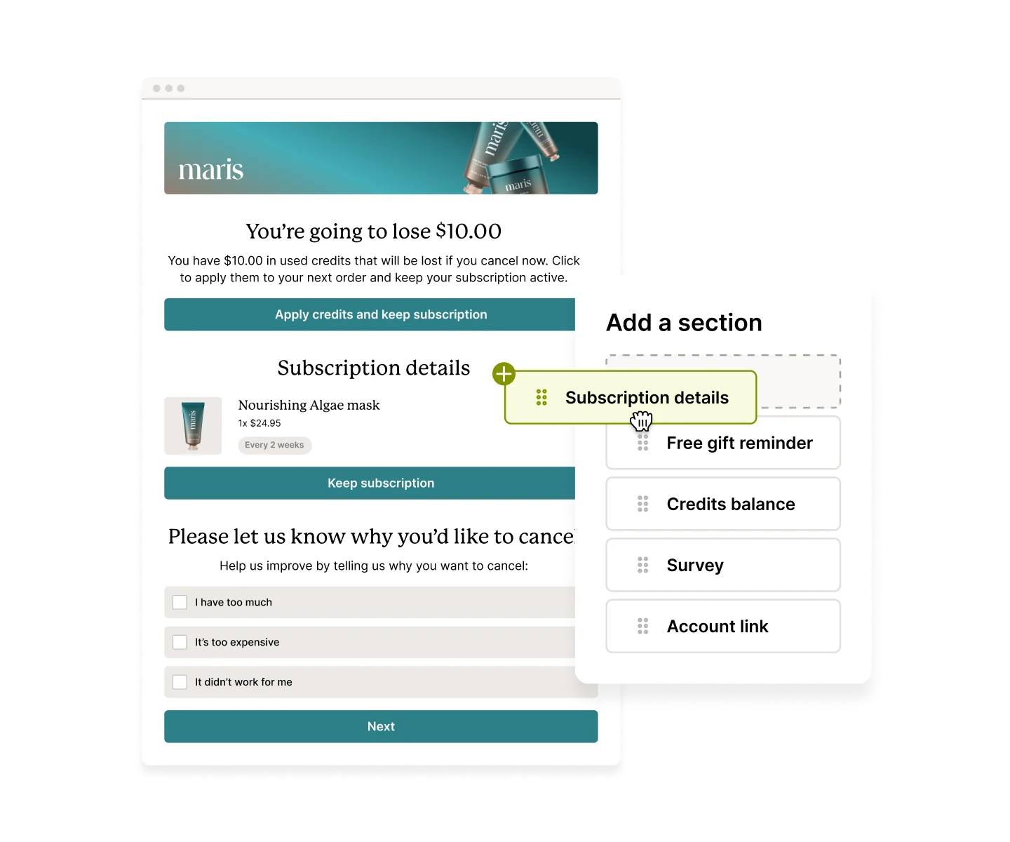A detailed subscription management page showing used credits and options.