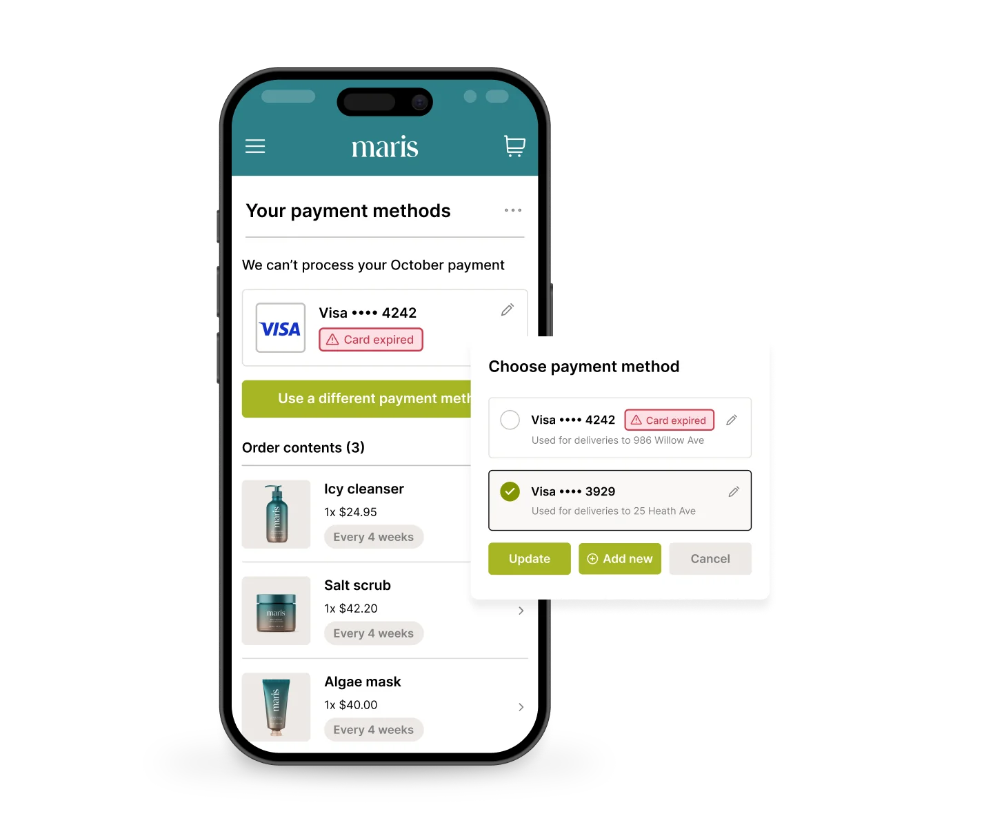 Mobile screen showing a card expired notification.