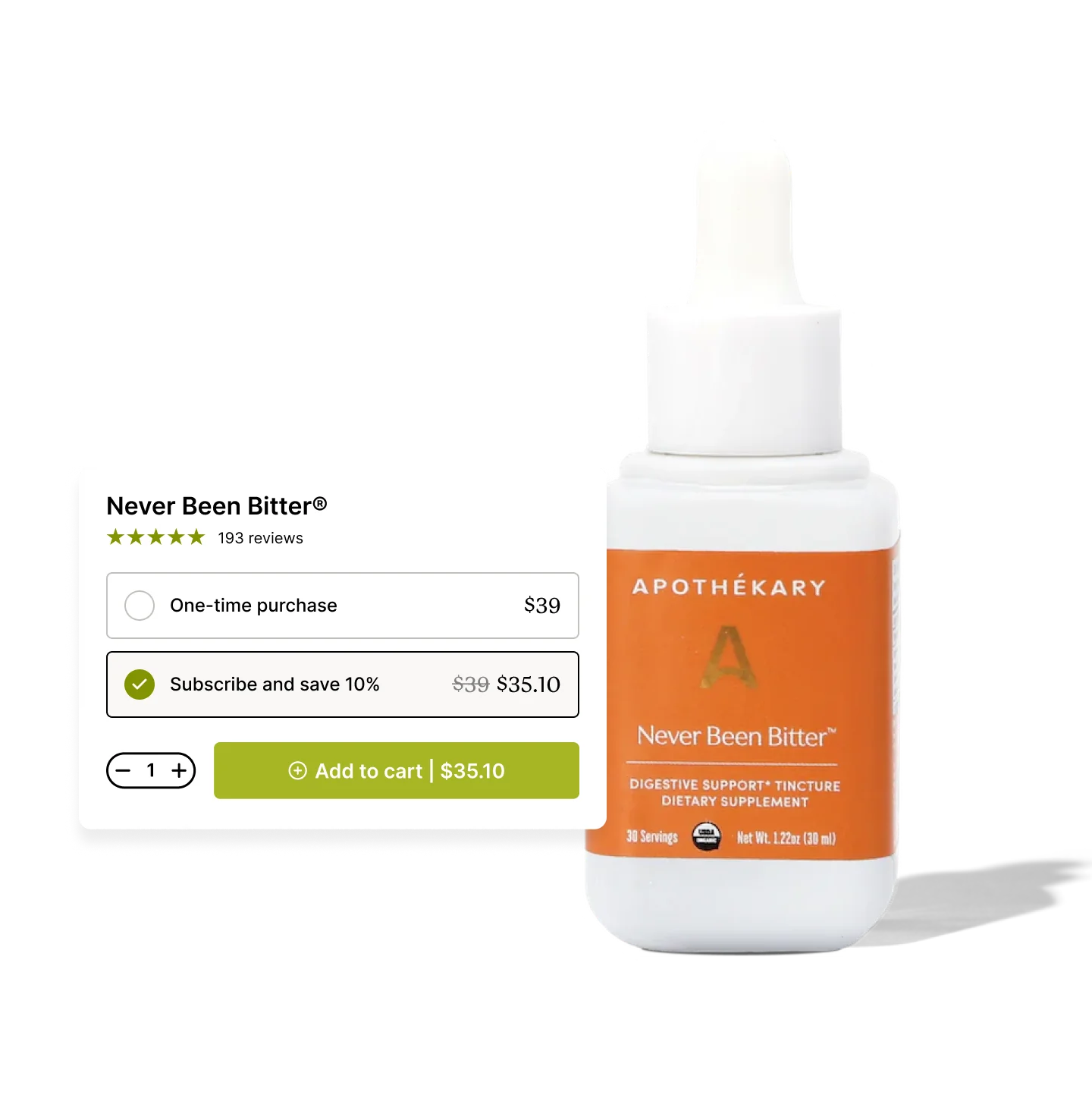 Product image of Apothékary's Never Been Bitter tincture with pricing and purchase options displayed.