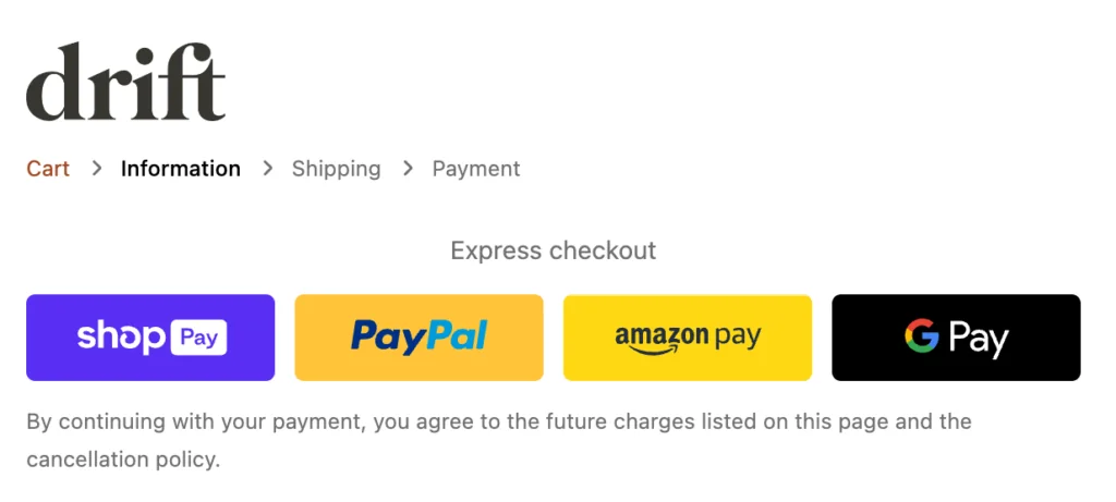 Screenshot of Drift's checkout page showing payment options including Shop Pay, PayPal, Amazon Pay, and Google Pay.