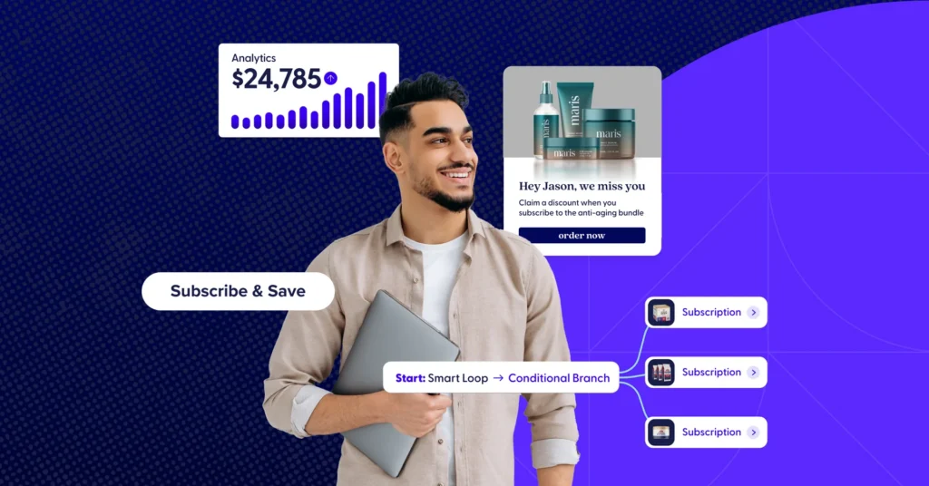 A person holding a laptop while displaying subscription options and analytics on a screen.