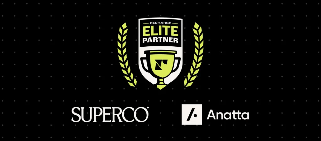 Logo for Recharge Elite Partner featuring a trophy and laurel leaves with Superco and Anatta logos.