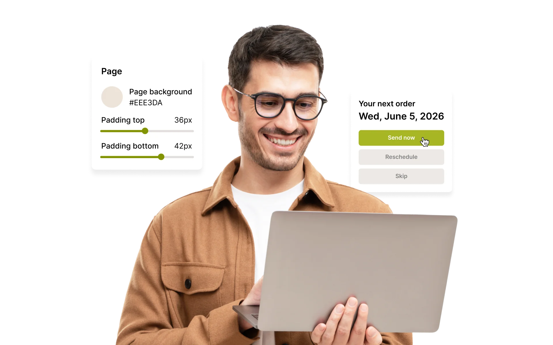 A person using a laptop with order management options displayed on the screen.