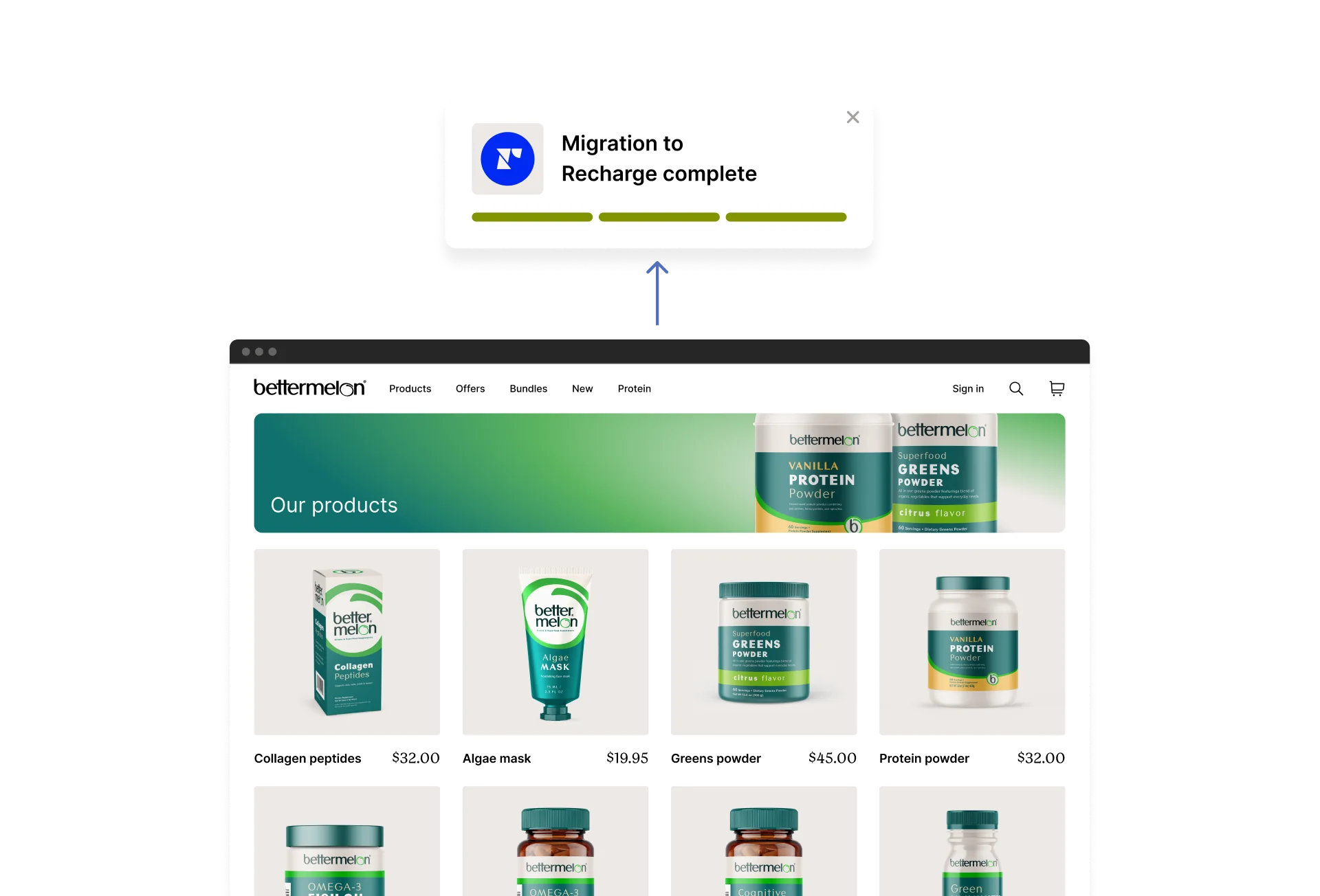 A screen displaying various bettermelon products including collagen peptides and protein powder.