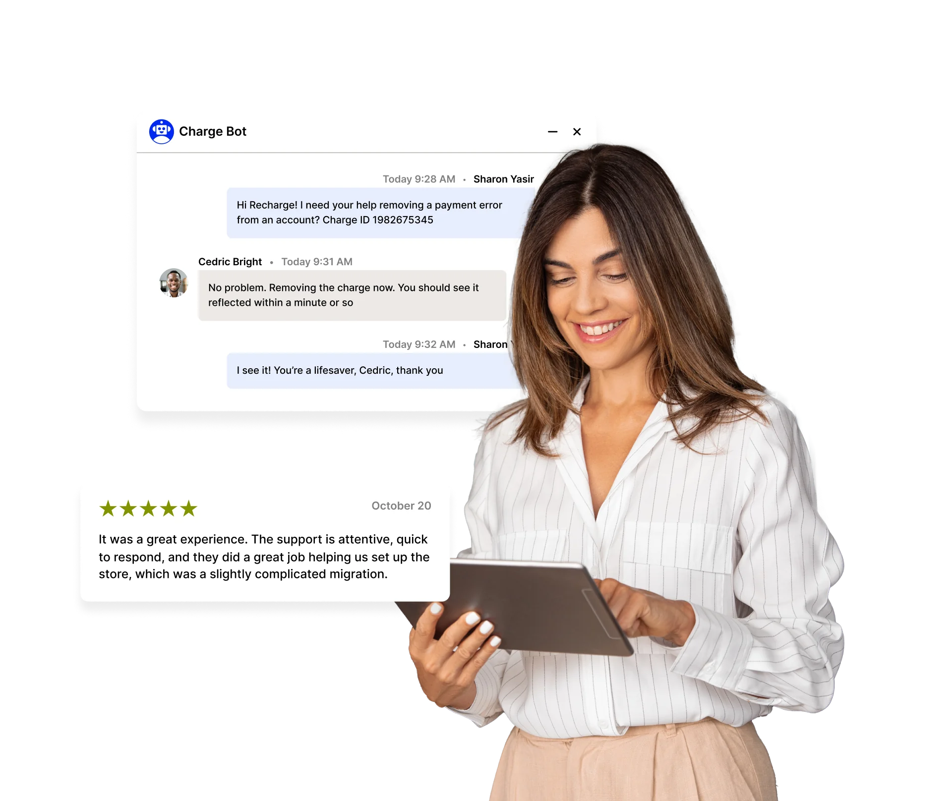 A woman engages in a customer support chat on a tablet.