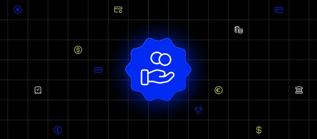 A hand holding coins depicted in a blue icon surrounded by various payment symbols on a black background.