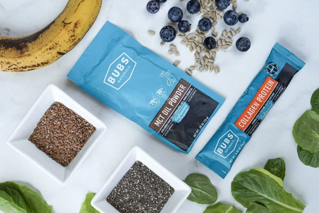 Ingredients for a smoothie featuring Bubs Naturals products and fresh produce.