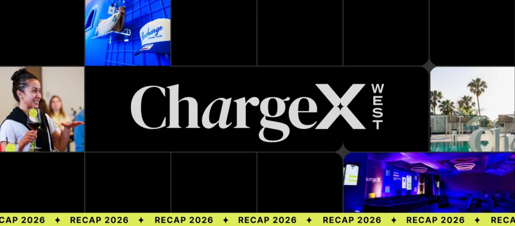 A collage showcasing various moments from the ChargeX West event, featuring people and promotional materials.