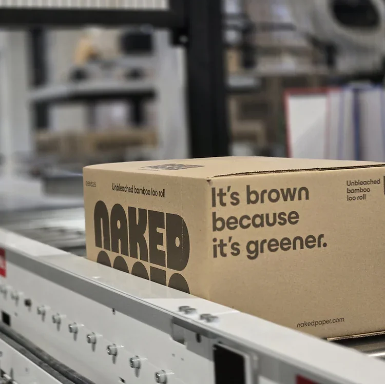 A cardboard box of unbleached bamboo loo roll with functional text visible.