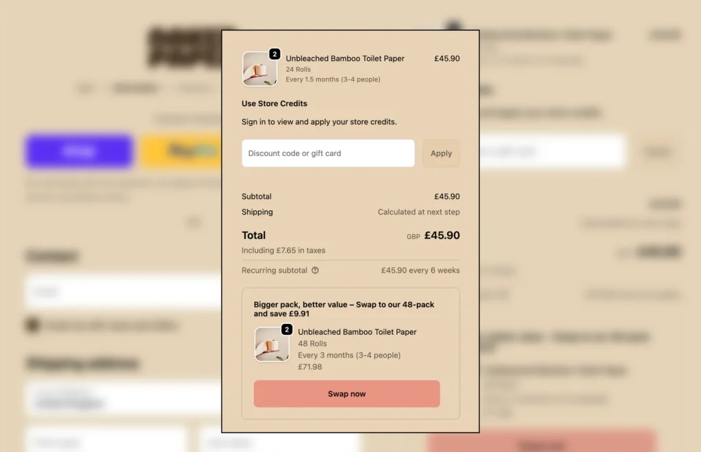 Checkout interface displaying Unbleached Bamboo Toilet Paper along with pricing and subscription options.