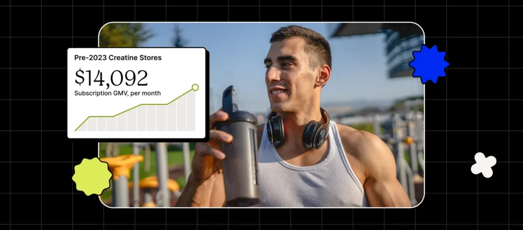 A person smiling while holding a shaker bottle with a subscription GMV graph displayed.
