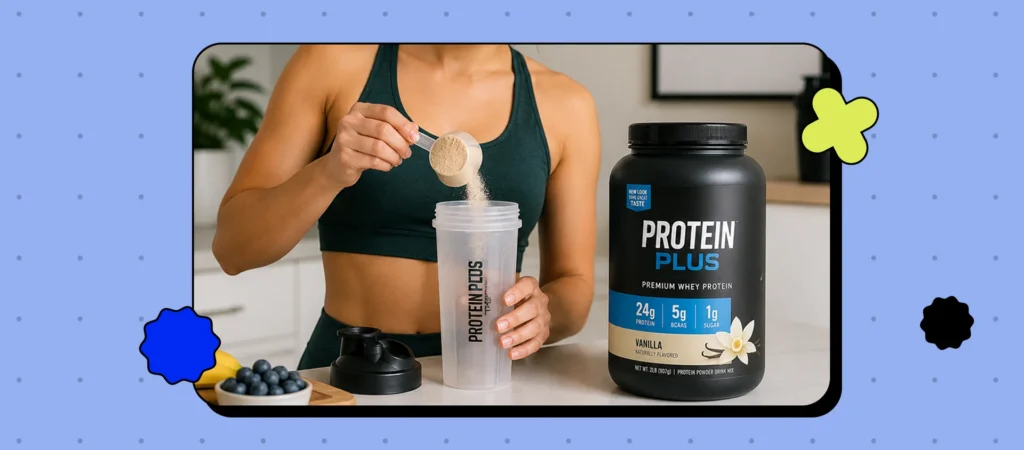 A person adding protein powder to a shaker bottle in a kitchen.