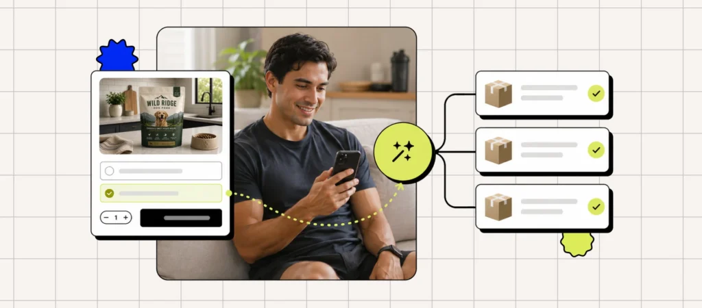 A person sitting on a sofa, using a smartphone while interacting with a dog food product display on-screen.