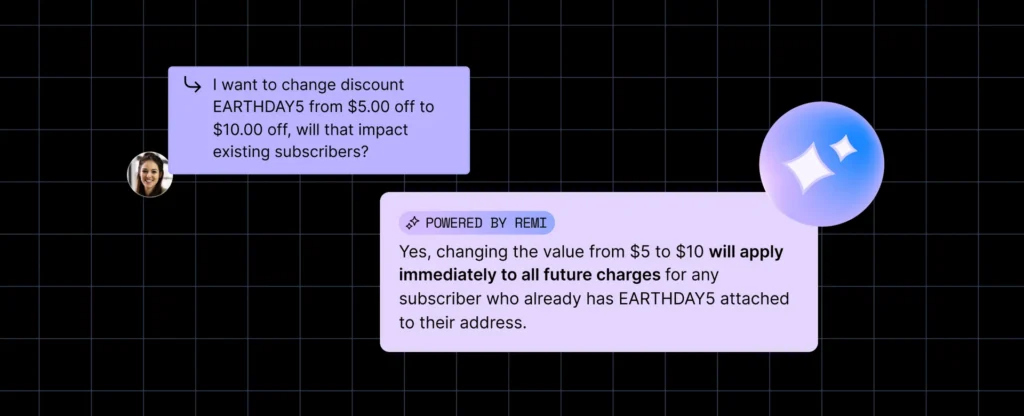 Recharge merchant asked if they change an existing discount code, will it impact existing subscribers. Remi answered instantly with context.