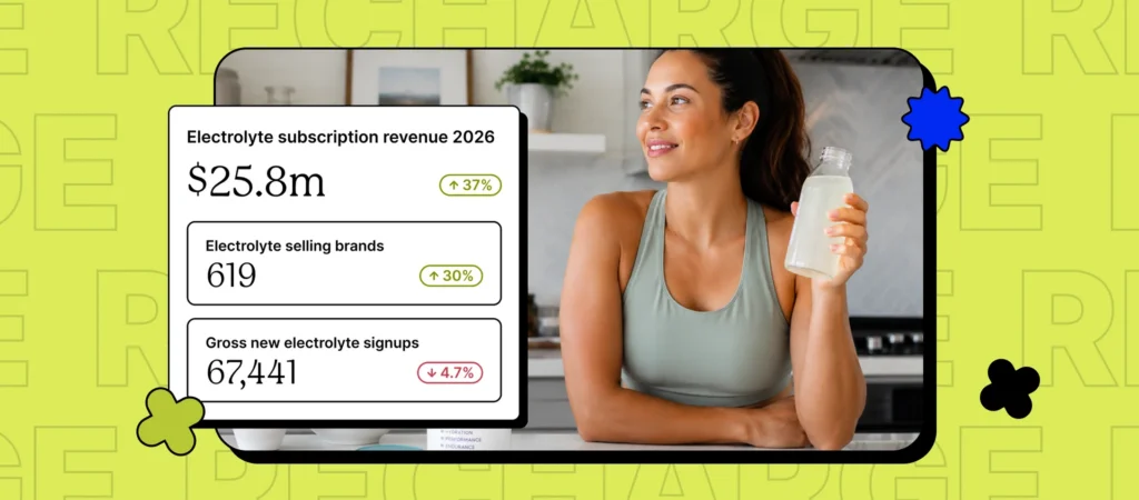 A person sitting at a table holding a bottle of electrolyte drink, looking towards the side with statistics on revenue and brands displayed beside them.