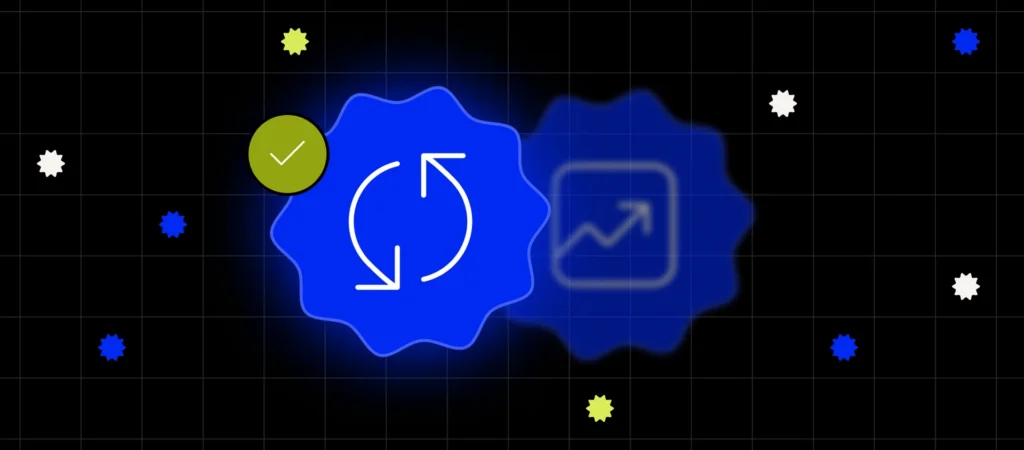 Visual representation of interface elements with circular arrows and growth indicators.