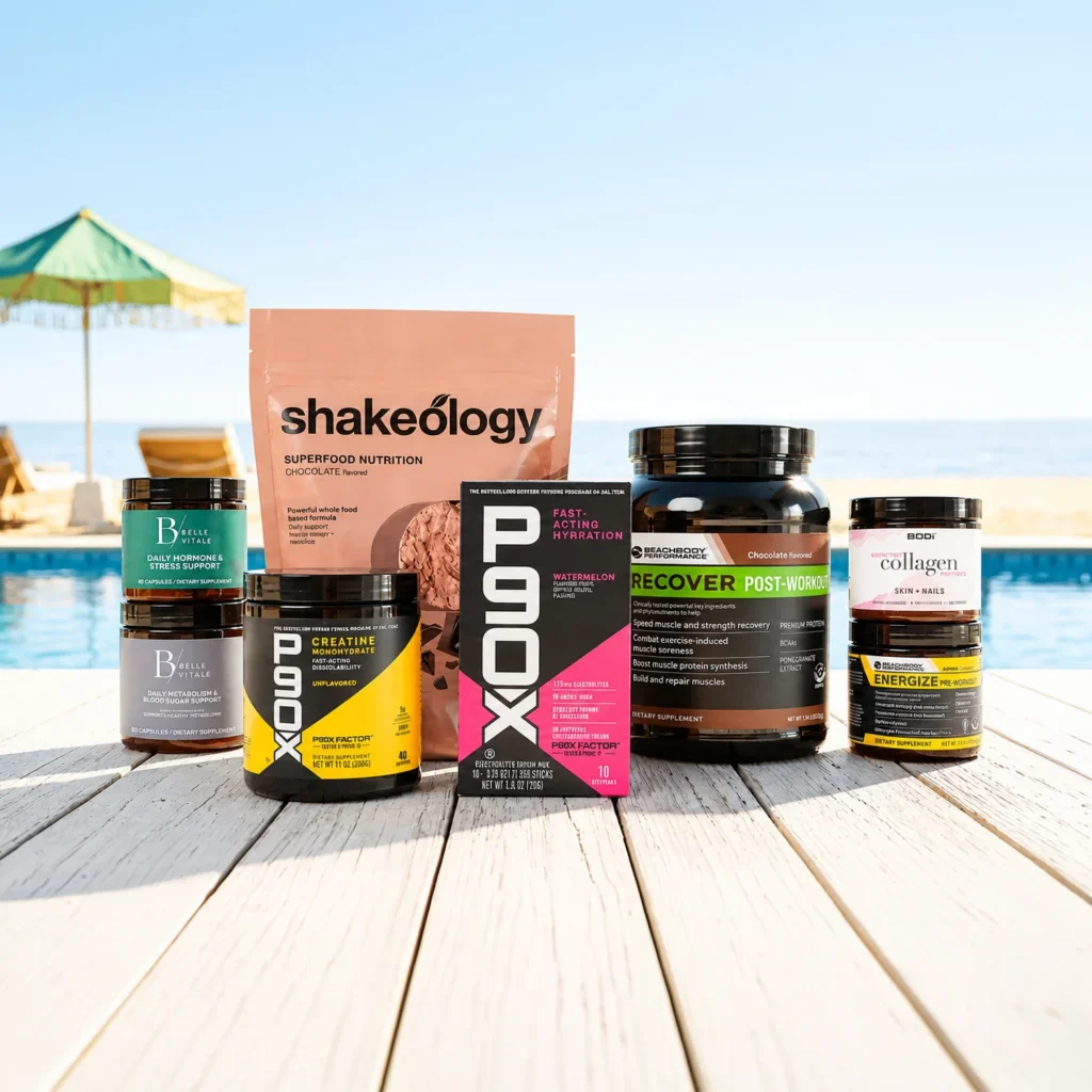 A collection of nutritional supplements displayed on a wooden table near a swimming pool, including Shakeology, P90X, and other health products.