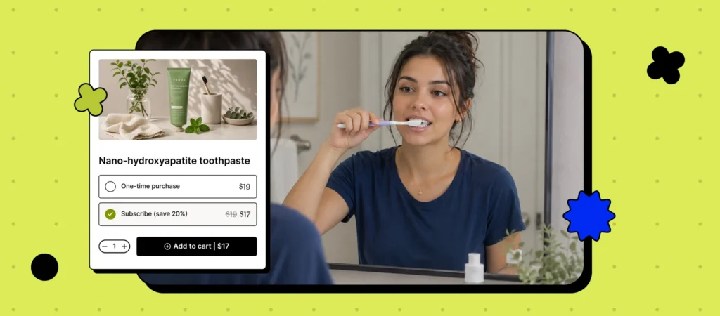 A person brushing their teeth with a toothbrush in a bathroom setting while a tube of Verda's nano-hydroxyapatite toothpaste is displayed beside them.
