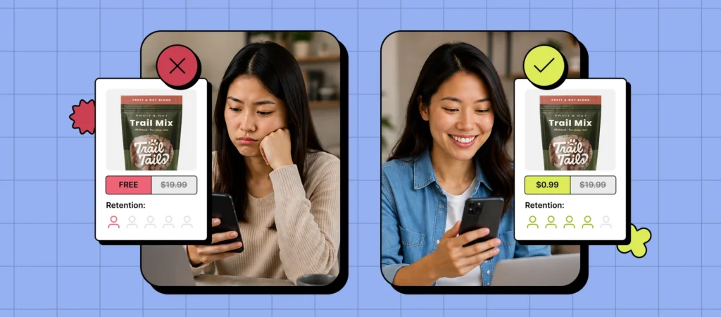 A split image showing two women using smartphones, one looking concerned and the other smiling while browsing a product display with a price reduction.