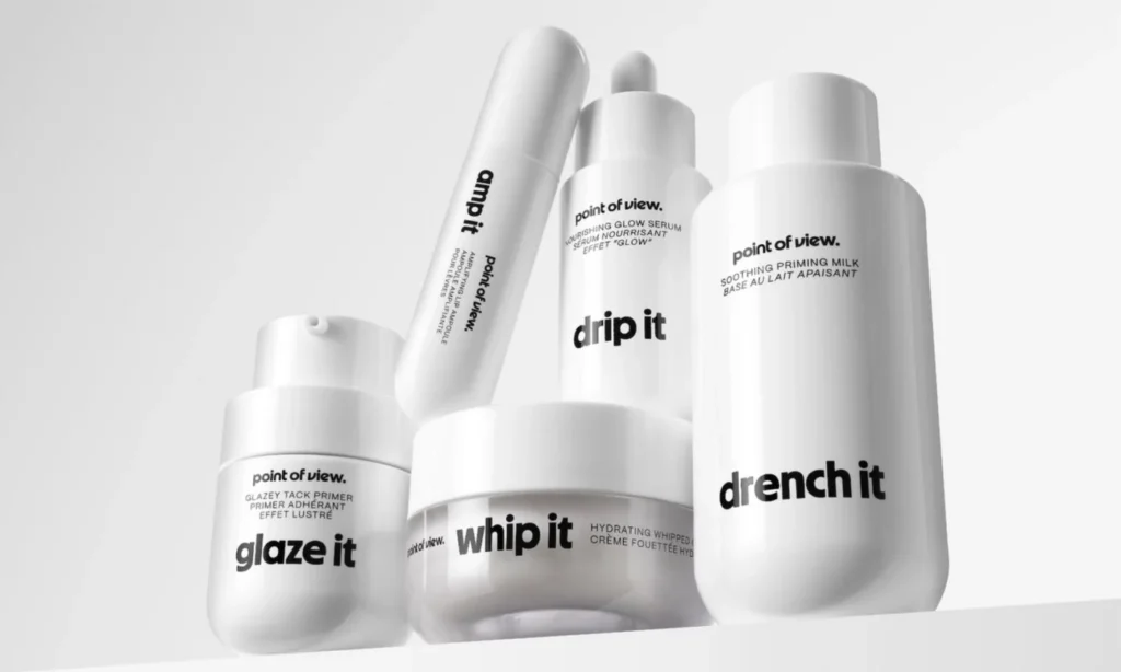 Collection of skincare products from the brand point of view including a serum, priming milk, and moisturizer.
