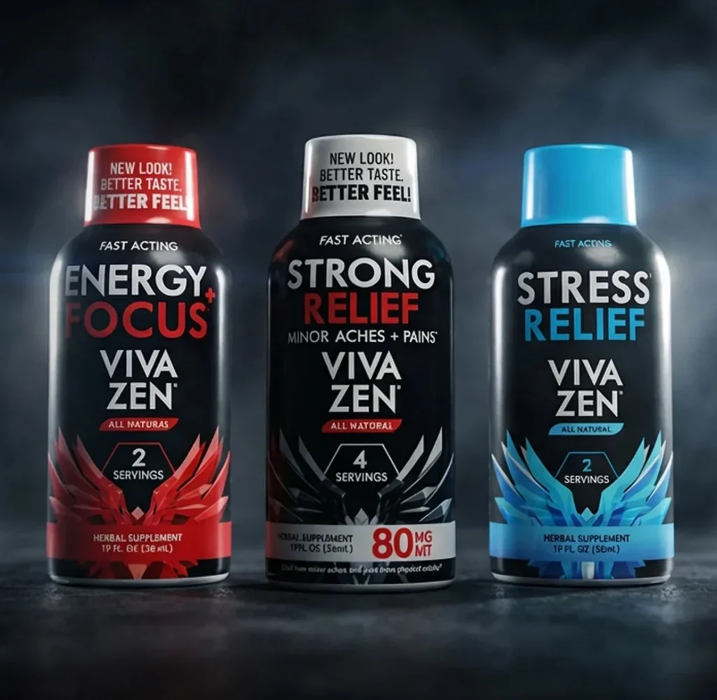 Three bottles of Viva Zen Energy Focus, Strong Relief, and Stress Relief herbal supplements.