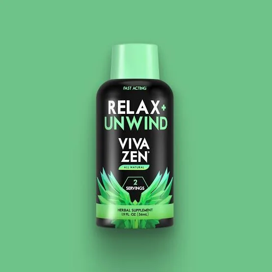 Bottle of Viva Zen Relax + Unwind herbal supplement with a green background.