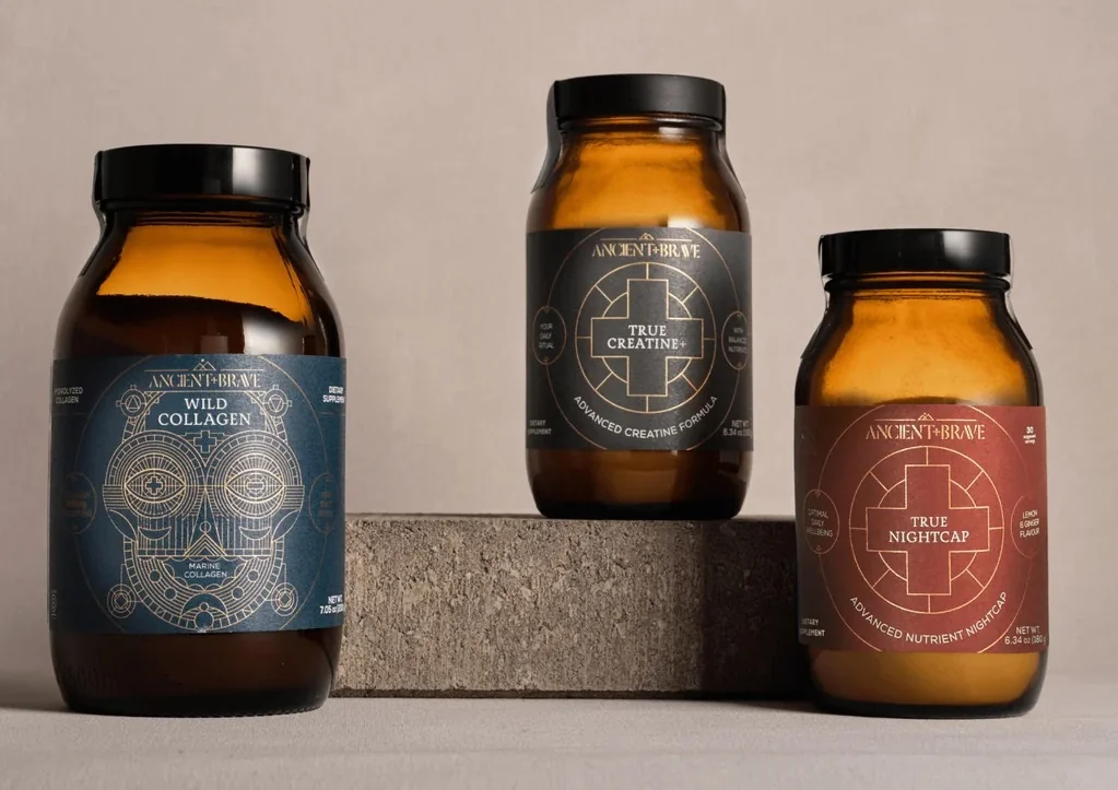 Three supplement jars from Ancient + Brave displayed on a neutral background.