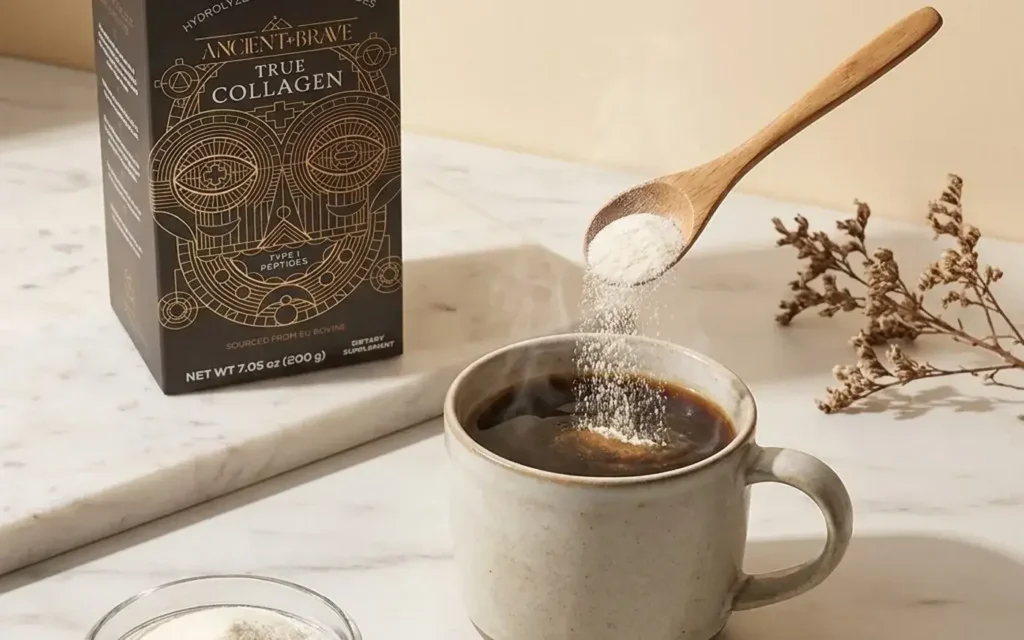 A person spooning powder into a cup of coffee next to a box of Ancient + Brave True Collagen on a marble surface.